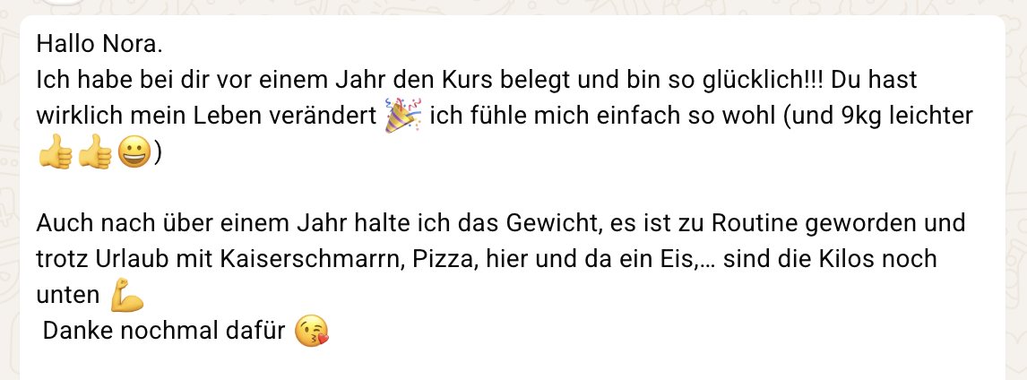 Nachricht einer Teilnehmerin: nach einem Jahr 9&nbsp;kg leichter und das Gewicht gehalten &ndash; trotz Urlaub